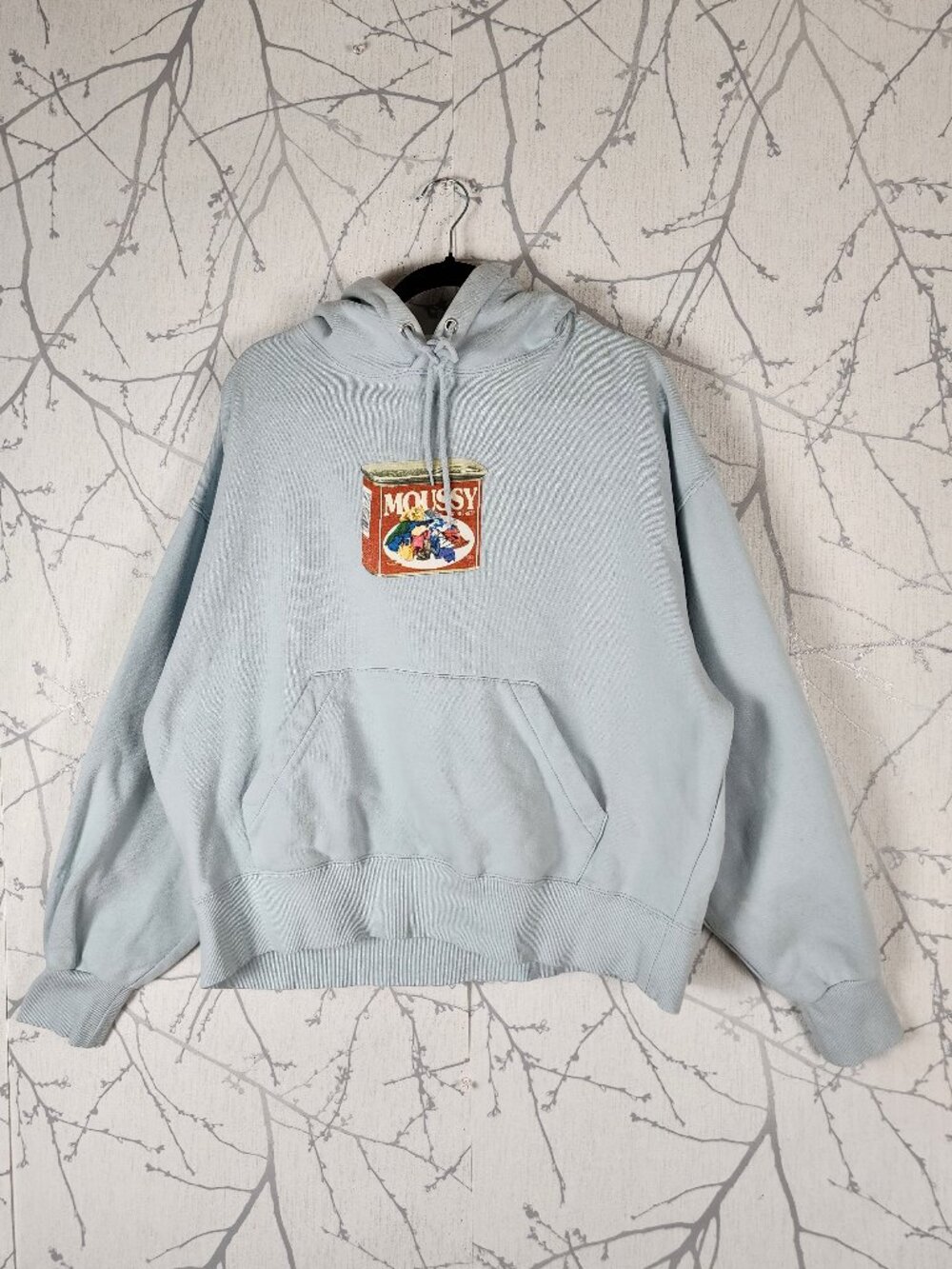 Moussy Baby Blue Spam Can Graphic Print Pullover Hoodie